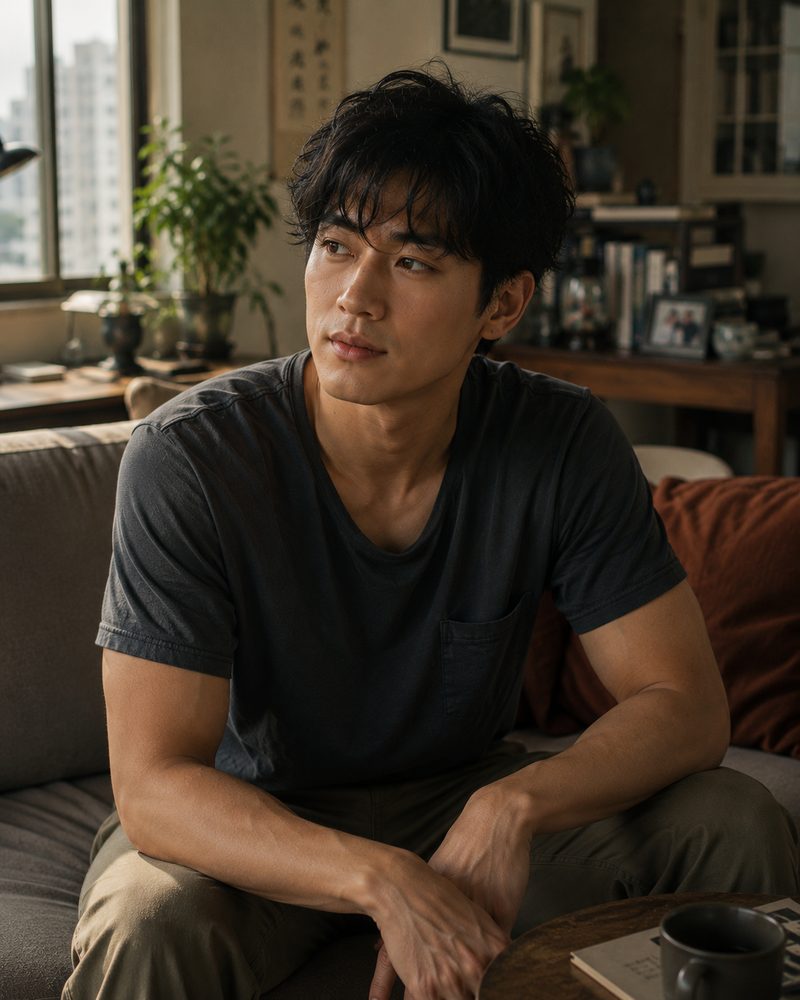 Aaron — a relaxed young man in a dark tee on a sofa, looking easily to one side, a mug on the table in front of him.