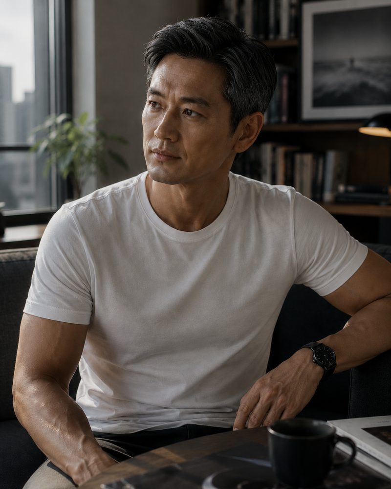 Adrian — a fit, composed man in a white tee sits in his living room with a coffee, looking to one side with quiet, capable attention.