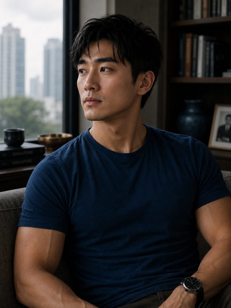 Chee Kian — a lean, athletic man in a navy tee sits quietly by a window with a cup nearby, looking off to one side.