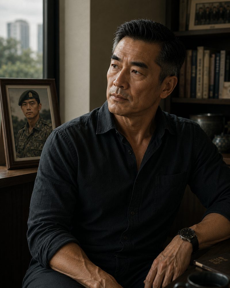 Elias — a trim, upright man in a dark shirt beside a framed photo of his younger self in uniform, looking away with a contained, private expression.