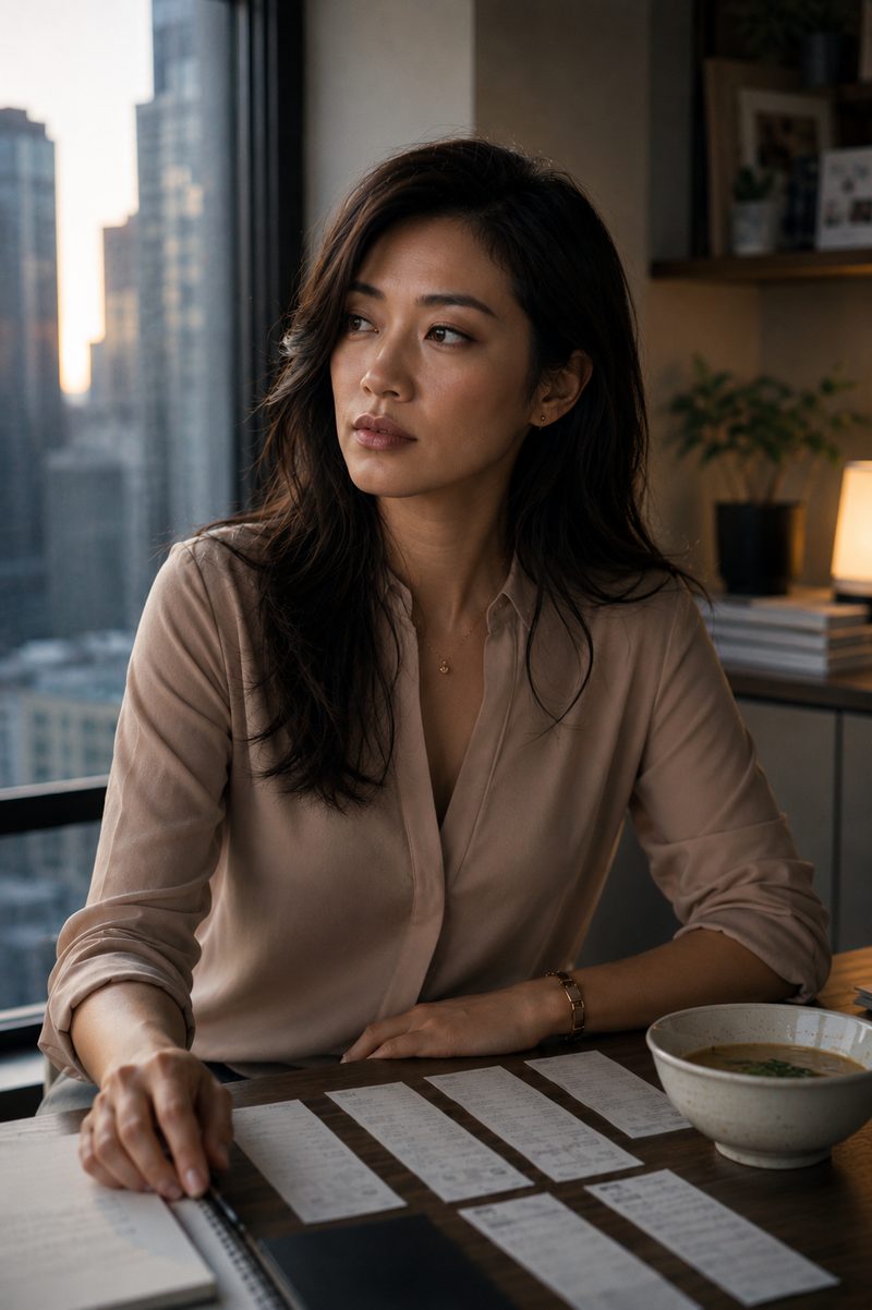 Hannah — a composed woman in a blush blouse at a tidy desk, papers arranged in neat rows and a bowl of soup nearby, looking out a window.