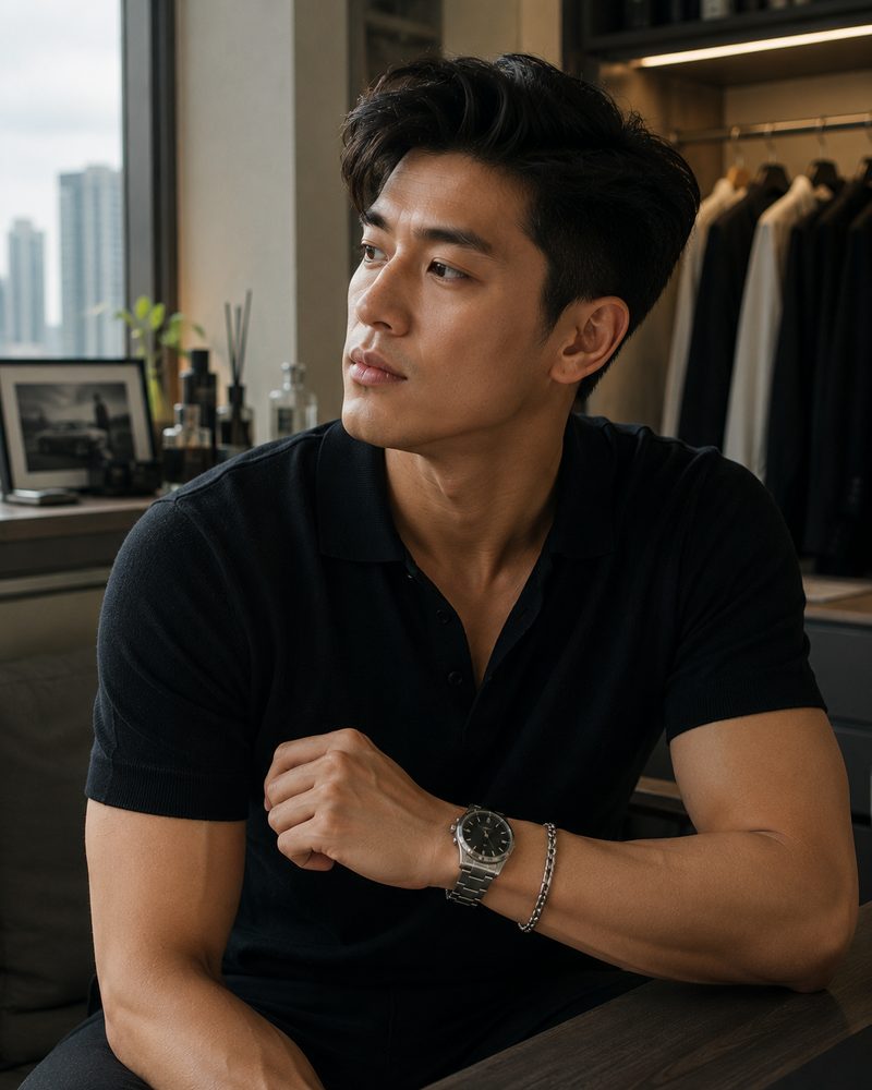 Jared — a sharply groomed young man in a black polo, watch and bracelet visible, a wardrobe behind him, glancing to one side.