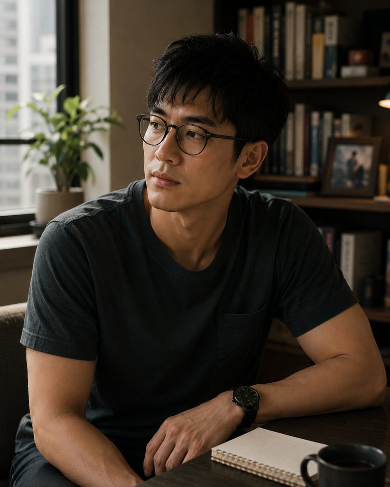 Jon — a young man in glasses and a plain dark tee at a desk with a notebook, looking aside with quiet focus.