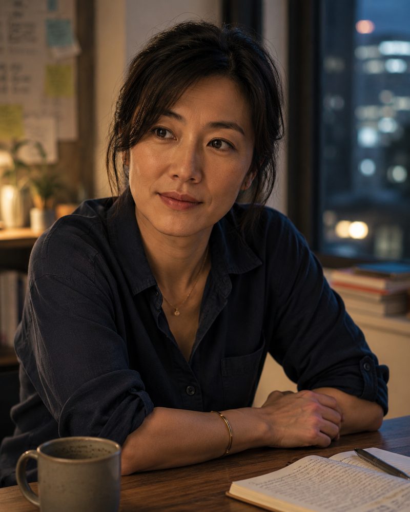Lydia — a woman in a dark blouse at an evening work desk, notes pinned behind her, looking up with warm, tired attention.