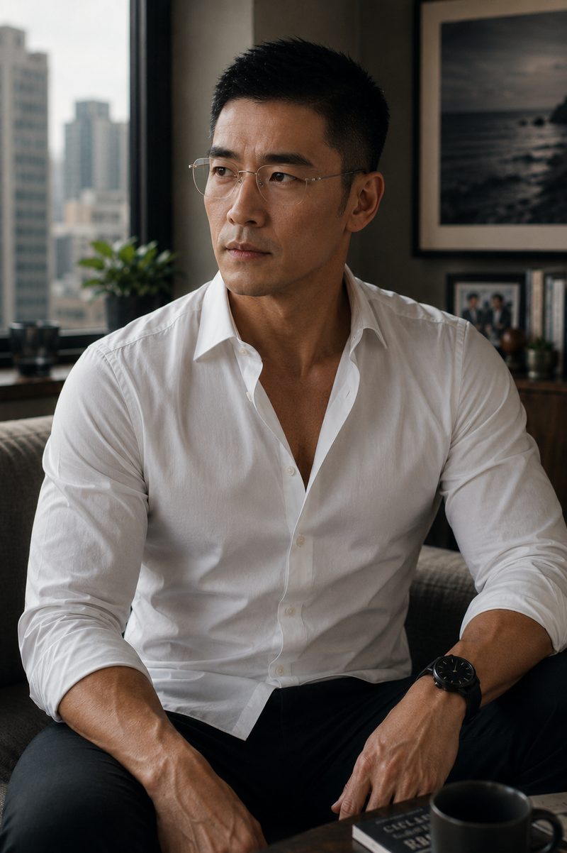 Marc — a fit, self-possessed man in an open-collared white shirt and glasses sits with a coffee, looking attentively to one side.