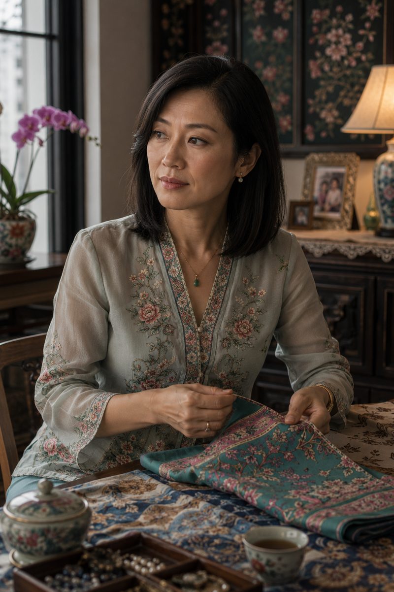 Mei Lin — an elegant woman in an embroidered blouse holds a length of patterned cloth at a table, an orchid beside her, looking thoughtfully aside.