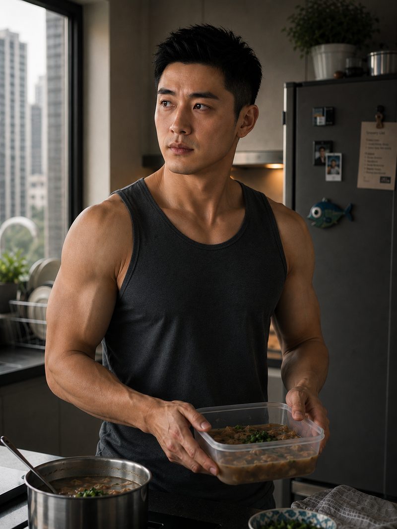 Mike — a fit man in a singlet stands at his stove holding a container of soup, warm and mid-gesture, a pot steaming behind him.