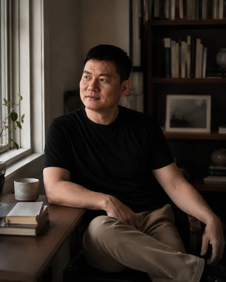 Portrait of Douglas Ng seated beside a window, wearing a black T-shirt.